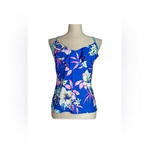 SO Blue Ruffled Tankini Top Women’s Size XL Tropical Floral Print